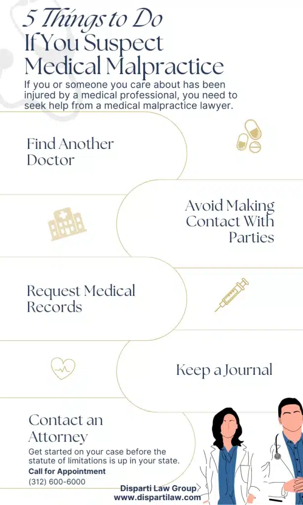 Chicago Medical Malpractice Lawyer, 5 things to do if you suspect medical malpractice infographic, Disparti Law Group