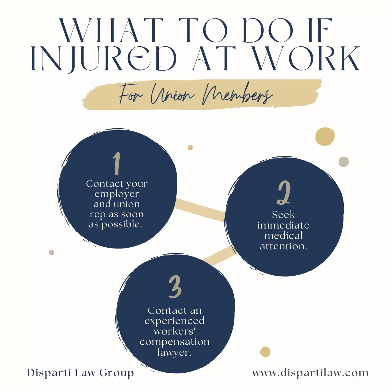 Unions affect workers' compensation benefits, Infographic explaining what to do if injured at work for union members, Disparti Law Group Accident & Injury Lawyers