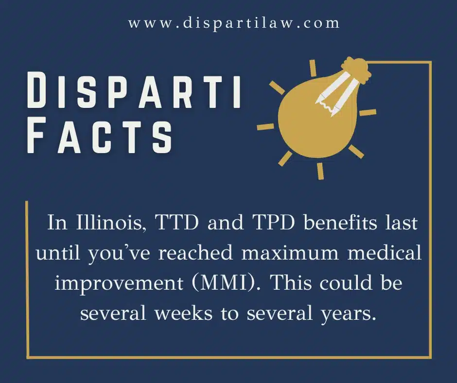 Temporary disability benefits, text that reads In Illinois ttd and tpd benefits last until you've reached maximum medical improvement, Disparti Law Group Accident & Injury Lawyers