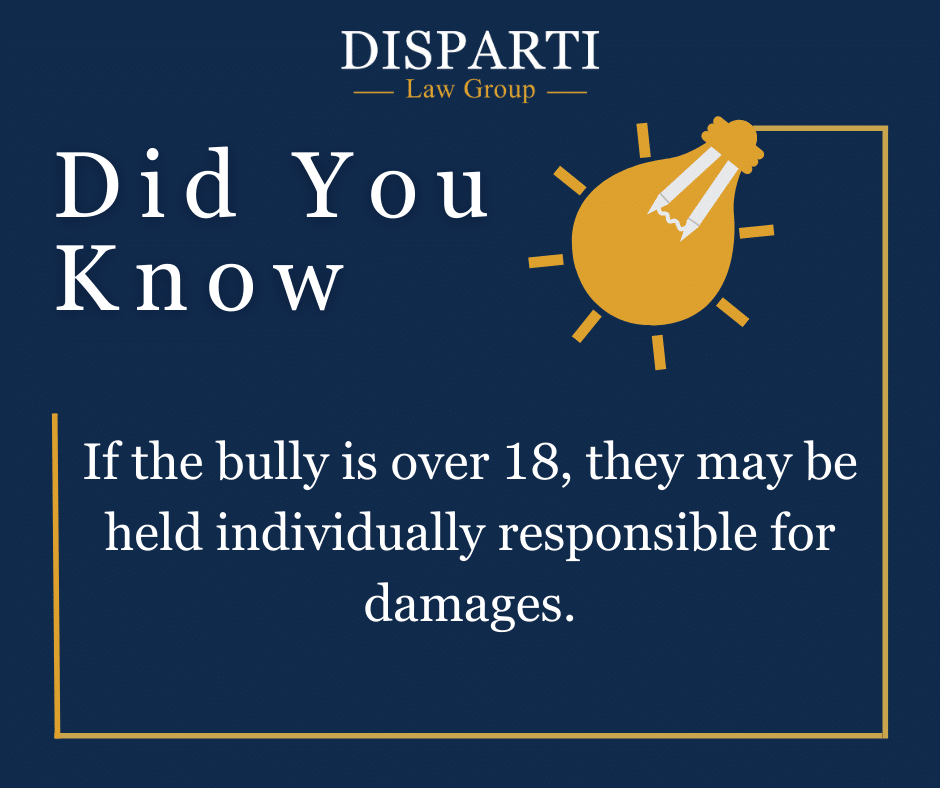 Talk to Lawyer about bullying, a bully over 18 can be held individually responsible for damages