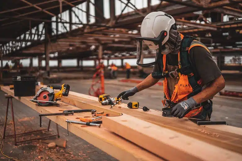 Liability for construction site accidents, image of construction worker sawing with safety gear