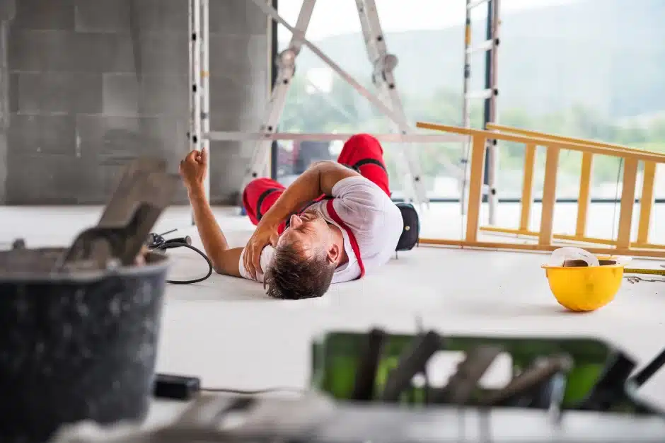 Construction accident lawyer, image of injured construction work on ground near ladder holding shoulder