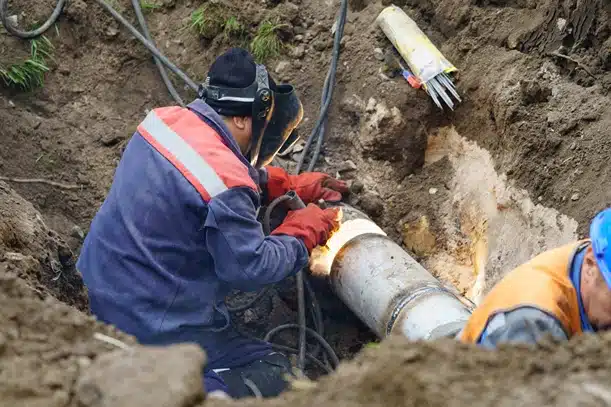 UA Members, image of pipeliner welding a pipe in ground
