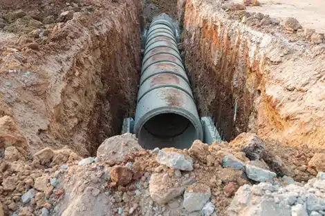 Preventing trenching accidents, image of construction trench with cement pipe.