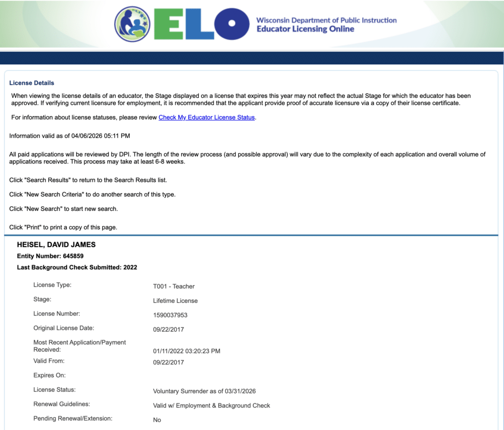 Oconto Falls Teacher, David Heisel, Surrenders Teaching License 1 Screenshot 2026 04 06 at 5.12.30 PM
